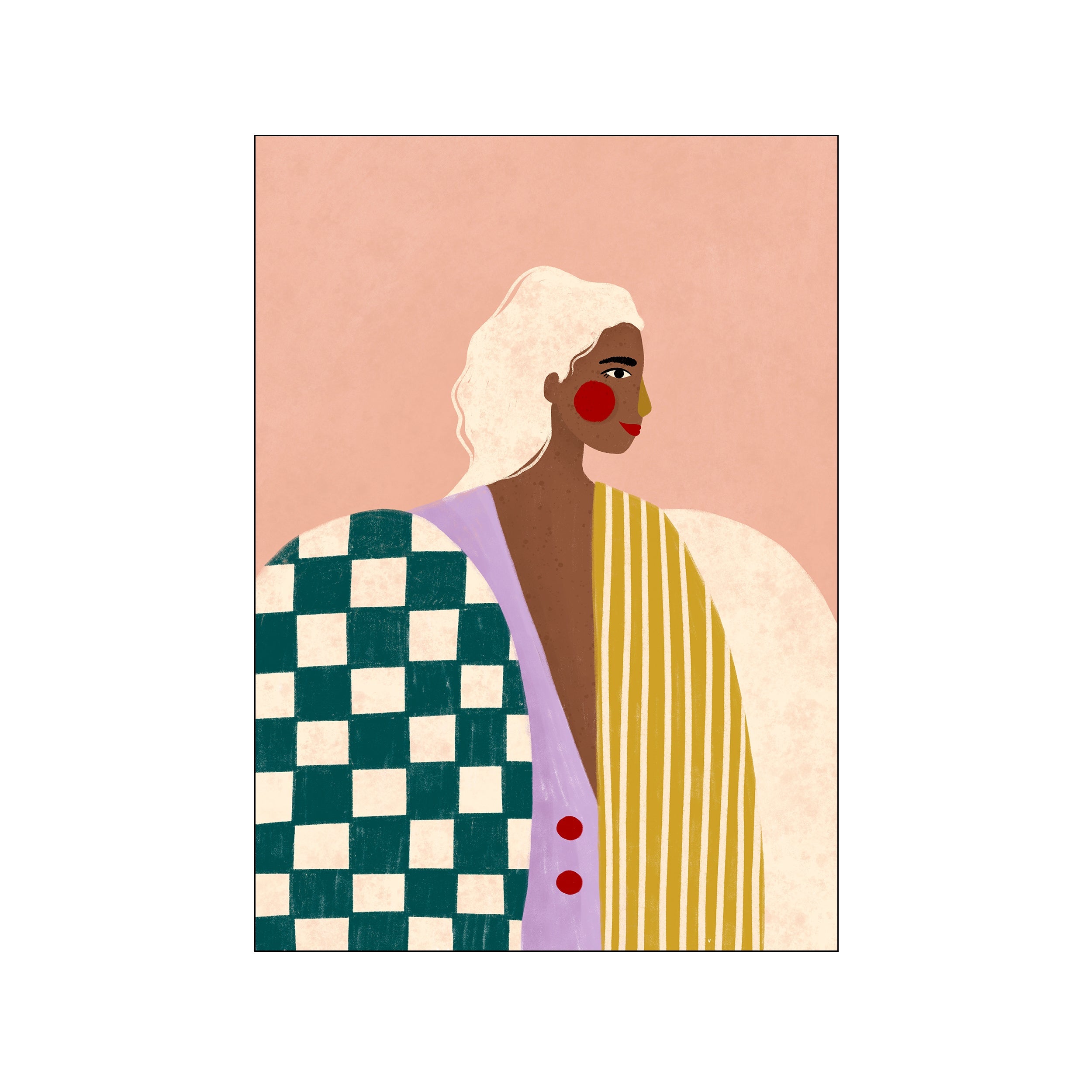 A stylized portrait of a woman with blonde hair against a blush pink textured background, wearing a strikingly patterned outfit of checkerboard and stripes, with red accents.