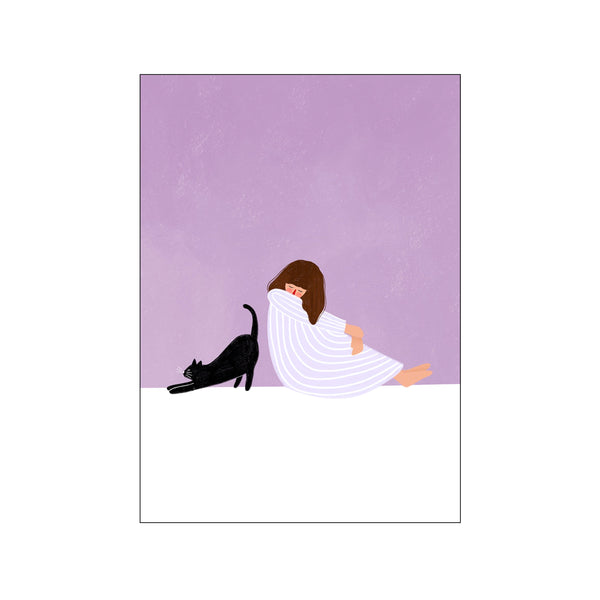 A young girl in a striped dress sits beside a black cat against a textured lavender background, evoking a sense of quiet companionship and gentle playfulness.