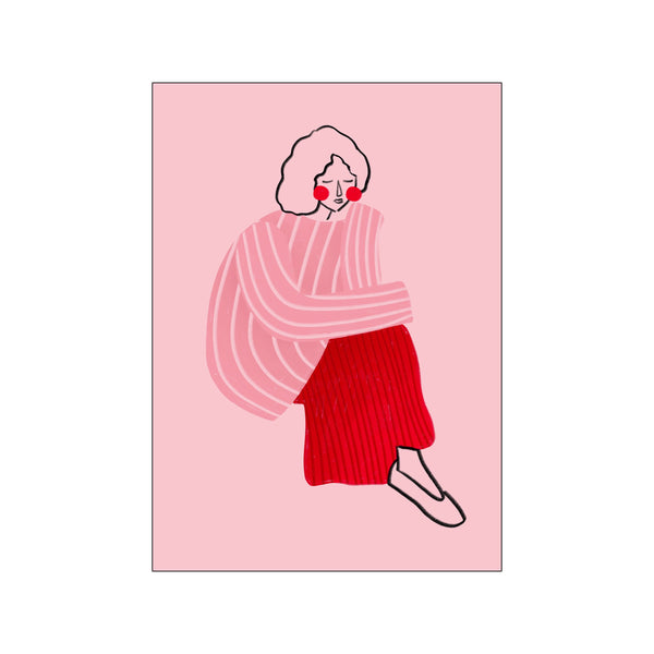 A minimalist illustration of a woman with rosy cheeks sitting curled up, wearing a striped pink sweater and a textured red skirt against a soft pink background.