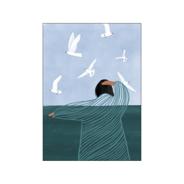 A serene artwork depicting a person in a striped robe reaching towards a flock of white birds flying in a soft blue sky above a deep teal ocean, evoking a sense of coastal calm.