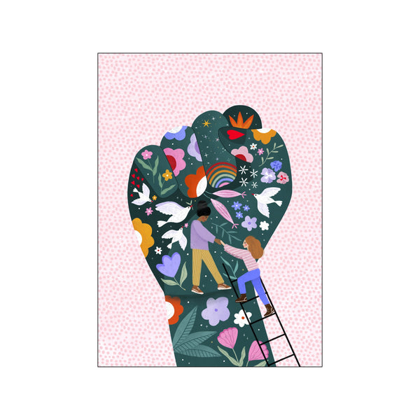 A stylized dark teal fist filled with colorful flowers, leaves, peace doves, and a rainbow, against a pale pink dotted background. Two people are shown reaching for each other.