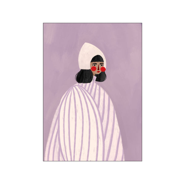 A whimsical portrait illustration of a woman wearing a white bonnet and a striped dress against a soft purple textured background, with bold red circles on her cheeks.