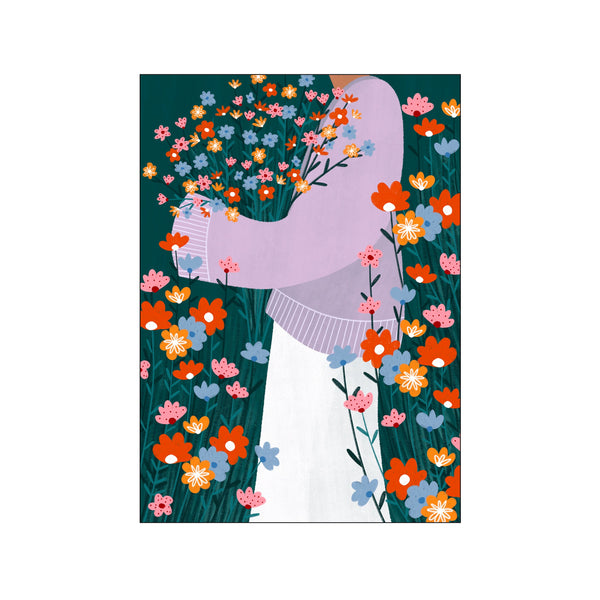 A person holds a bouquet of colorful wildflowers, surrounded by more blooms in shades of coral, pink, and blue against a deep teal background. The artwork has a cheerful, whimsical, and natural feel.