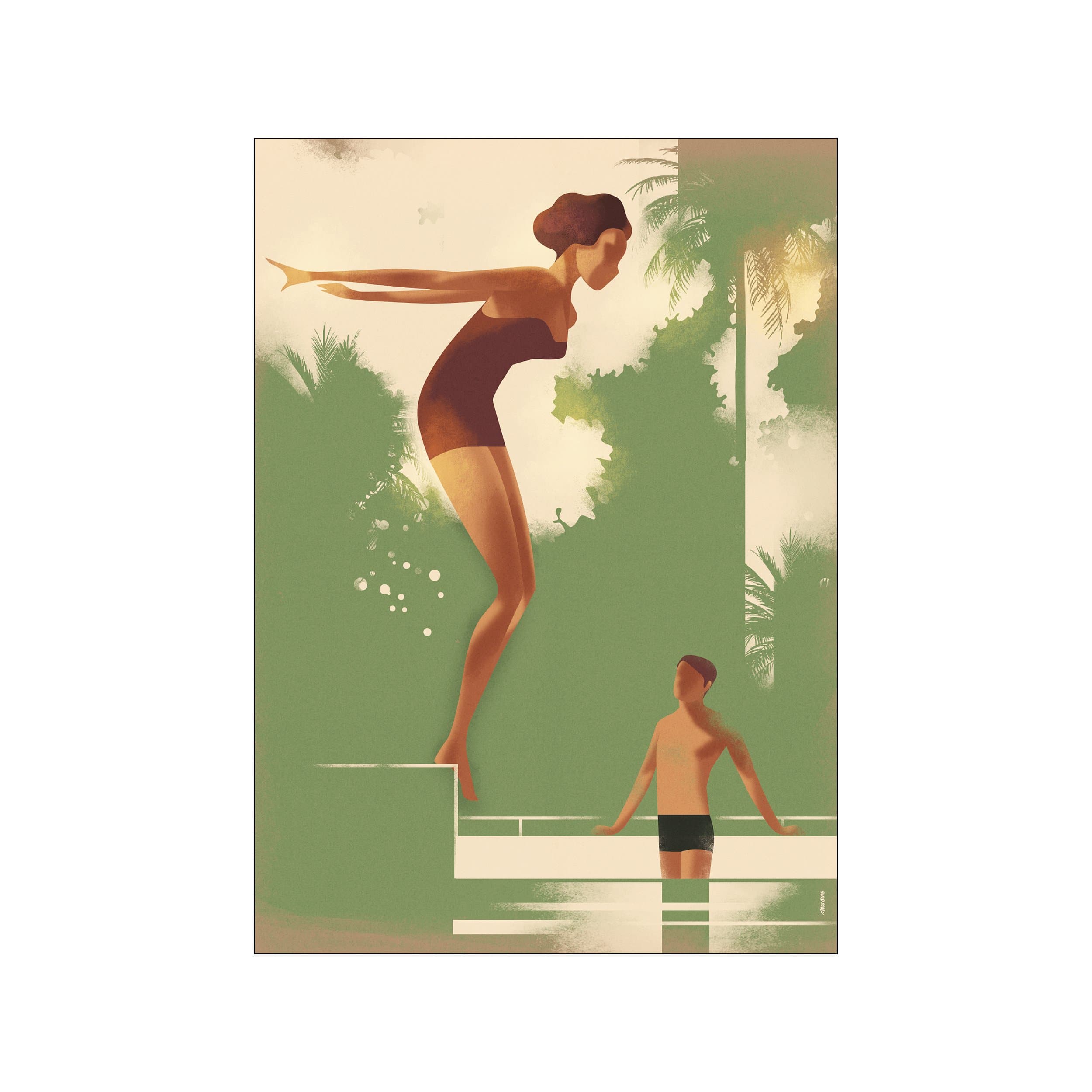 Stylized female and male swimmers in green and terracotta art deco composition
