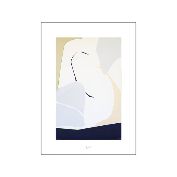 Abstract fine art poster print by Bjørk Studio, featuring soft blues and creams with a dark navy accent, suggestive of a portrait, perfect for a neutral wall.