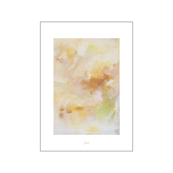 Abstract painting print by Bjørk Studio titled 'Meditation Art Print', featuring expressive brushwork in warm oranges and soft yellows, displayed on a neutral wall.