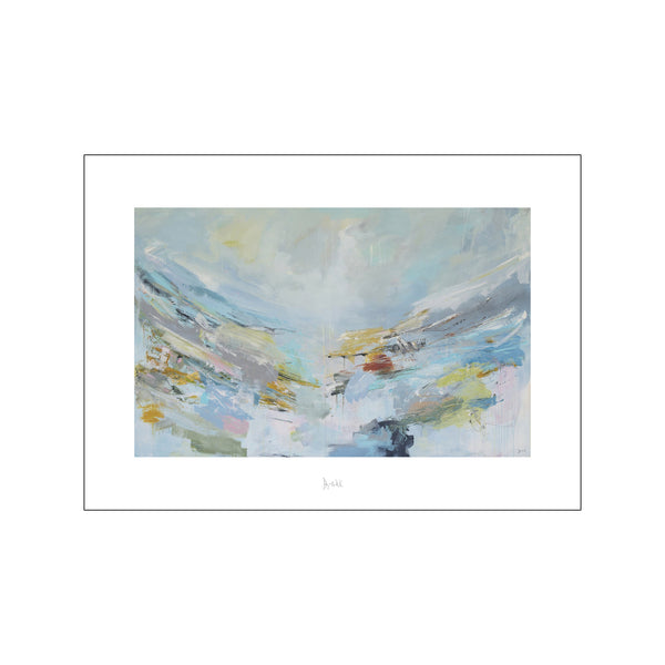 Fine art poster of Bjørk Studio's abstract landscape painting, featuring a cool blue and ochre palette with dynamic brushwork, displayed on a neutral wall.