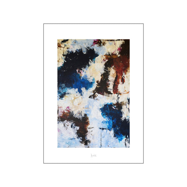 Abstract fine art poster print by Bjørk Studio depicting 'Nothing but blue skies' with bold strokes of blue, brown, and white, on a neutral wall.