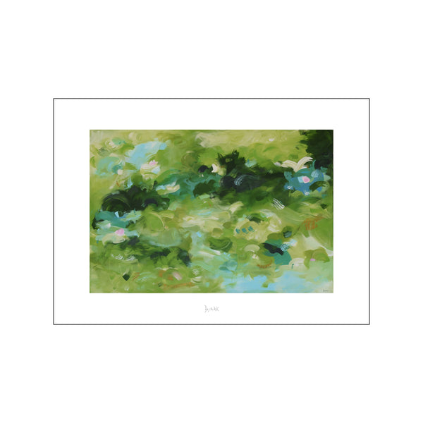 Fine art poster reproduction of Bjørk Studio's "Quiet Rain," an abstract landscape painting with bold green and blue hues and visible brushwork, displayed on a neutral wall.