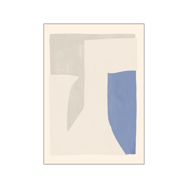 Abstract composition featuring soft beige and grey shapes with a vertical slate blue form, creating a serene and modern aesthetic for interior decor.