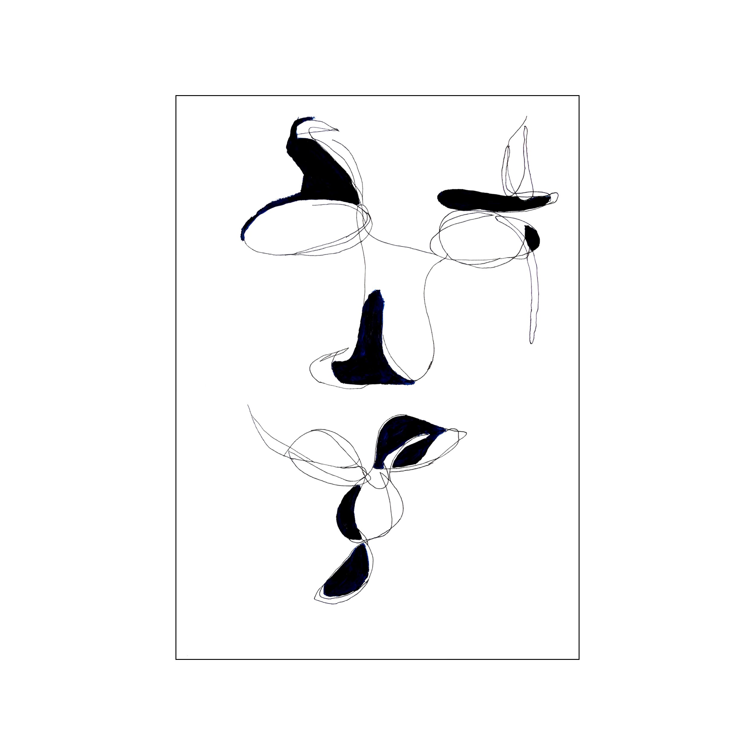 An abstract portrait with bold black and deep blue fills and delicate black line work suggesting a face against a clean white background. Evokes a serene, contemplative mood.