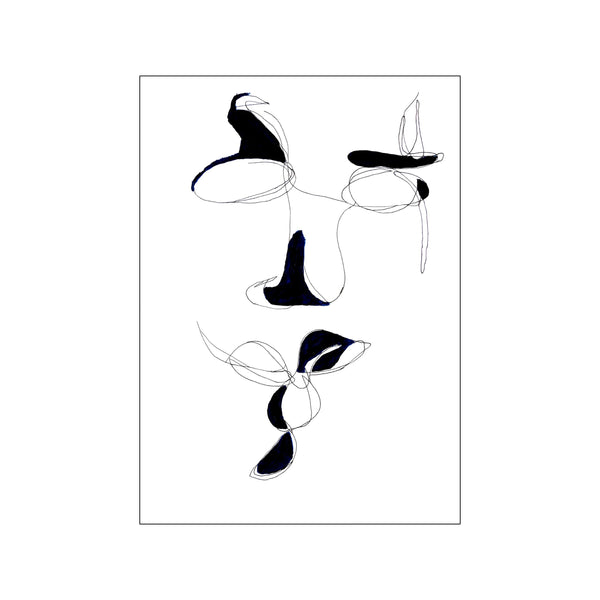 An abstract portrait with bold black and deep blue fills and delicate black line work suggesting a face against a clean white background. Evokes a serene, contemplative mood.