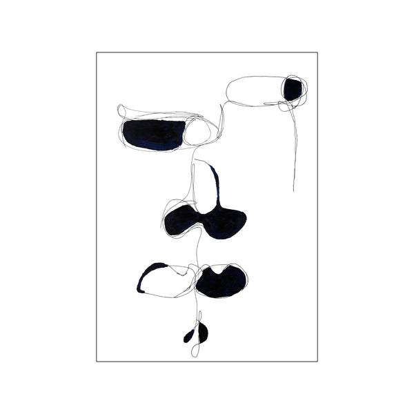 An abstract, minimalist portrait composed of sweeping black lines and bold, dark blue shapes that suggest facial features, creating a contemplative and elegant visual story.