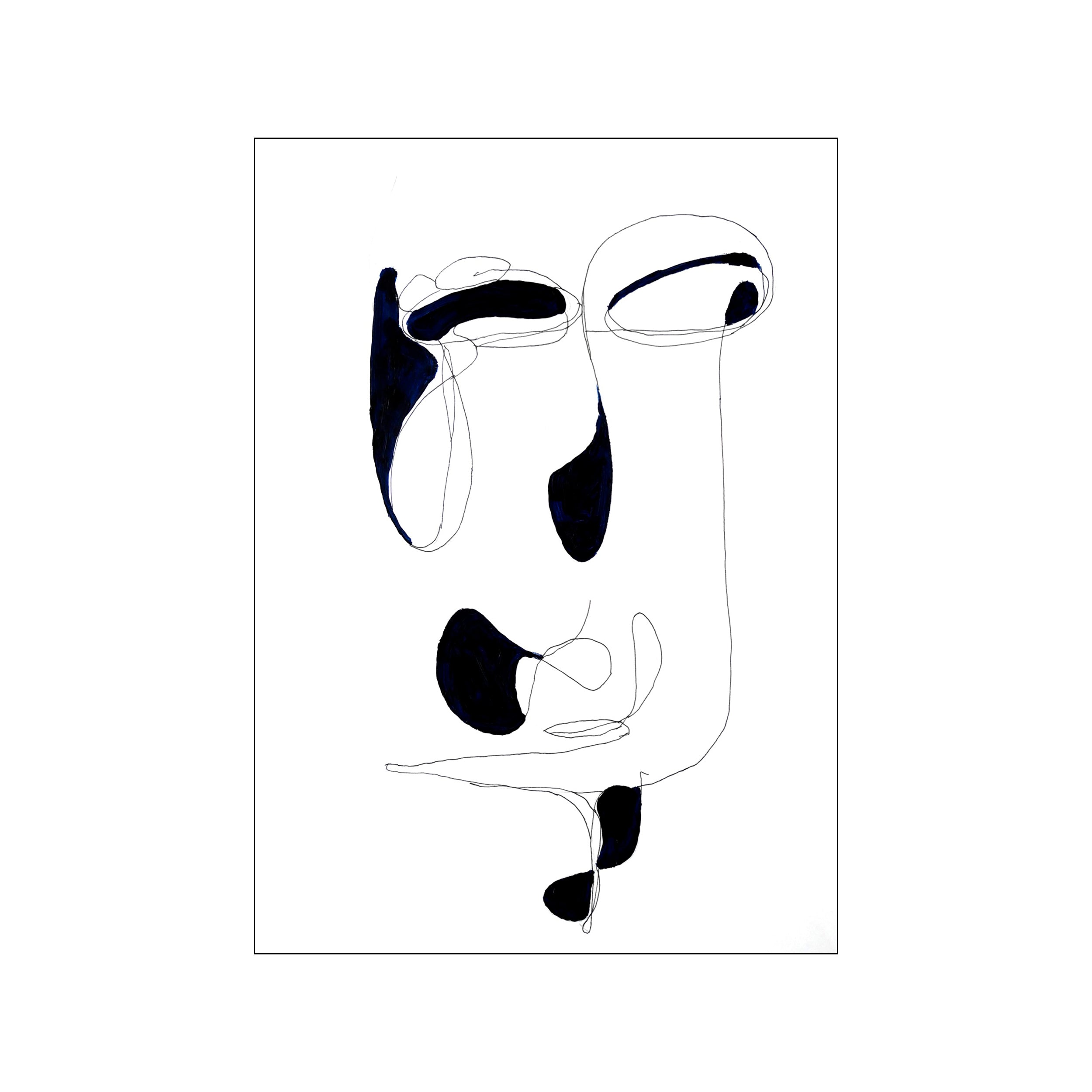 An abstract depiction of a face using fluid black ink lines and deep indigo accents on a white background. The piece conveys a thoughtful and modern aesthetic.
