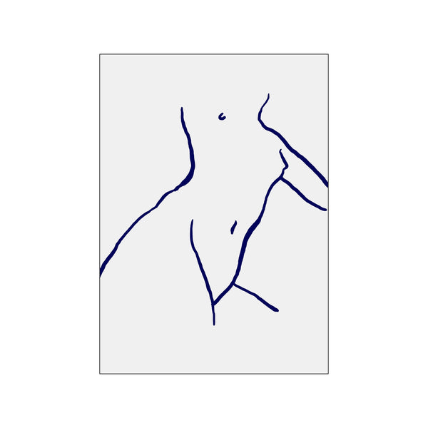 A minimalist line drawing of a woman's torso and curves rendered in bold navy blue against a soft, neutral background, conveying a sense of grace and quiet contemplation.