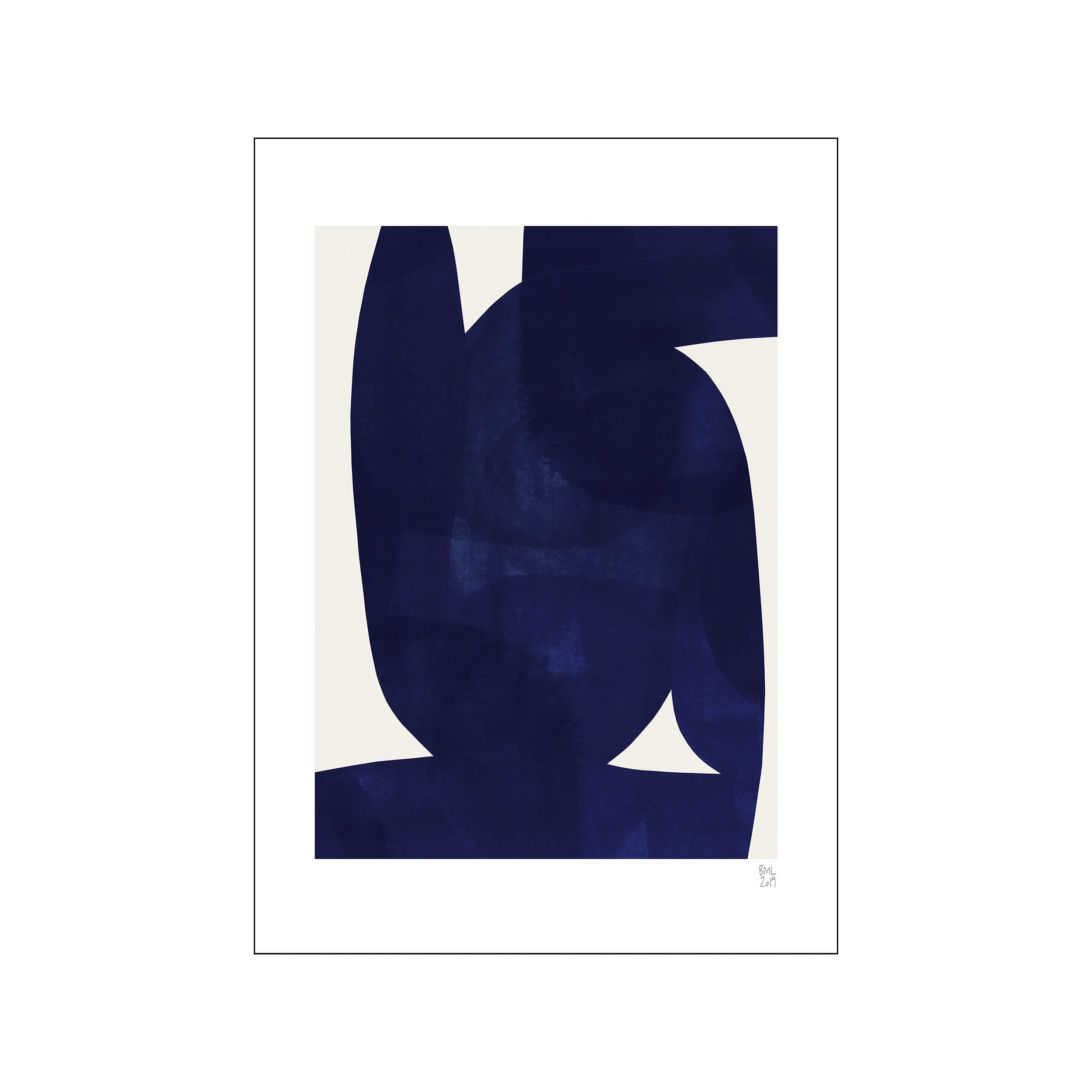 Abstract art print with deep navy geometric shapes on a pale background