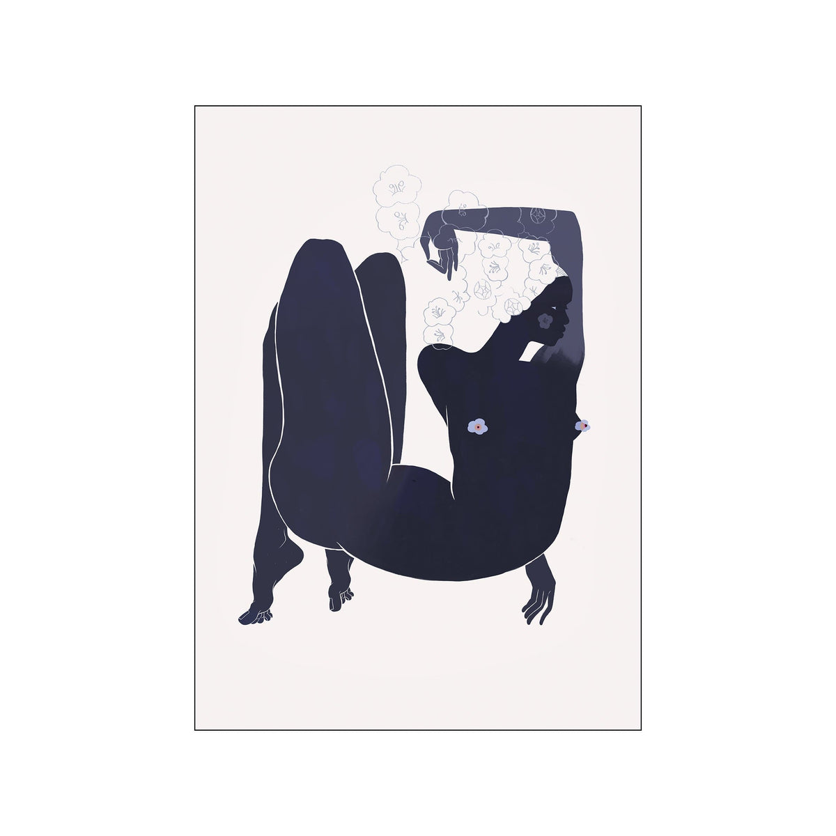 Abstract navy reclining figure with delicate floral linework on a pale background