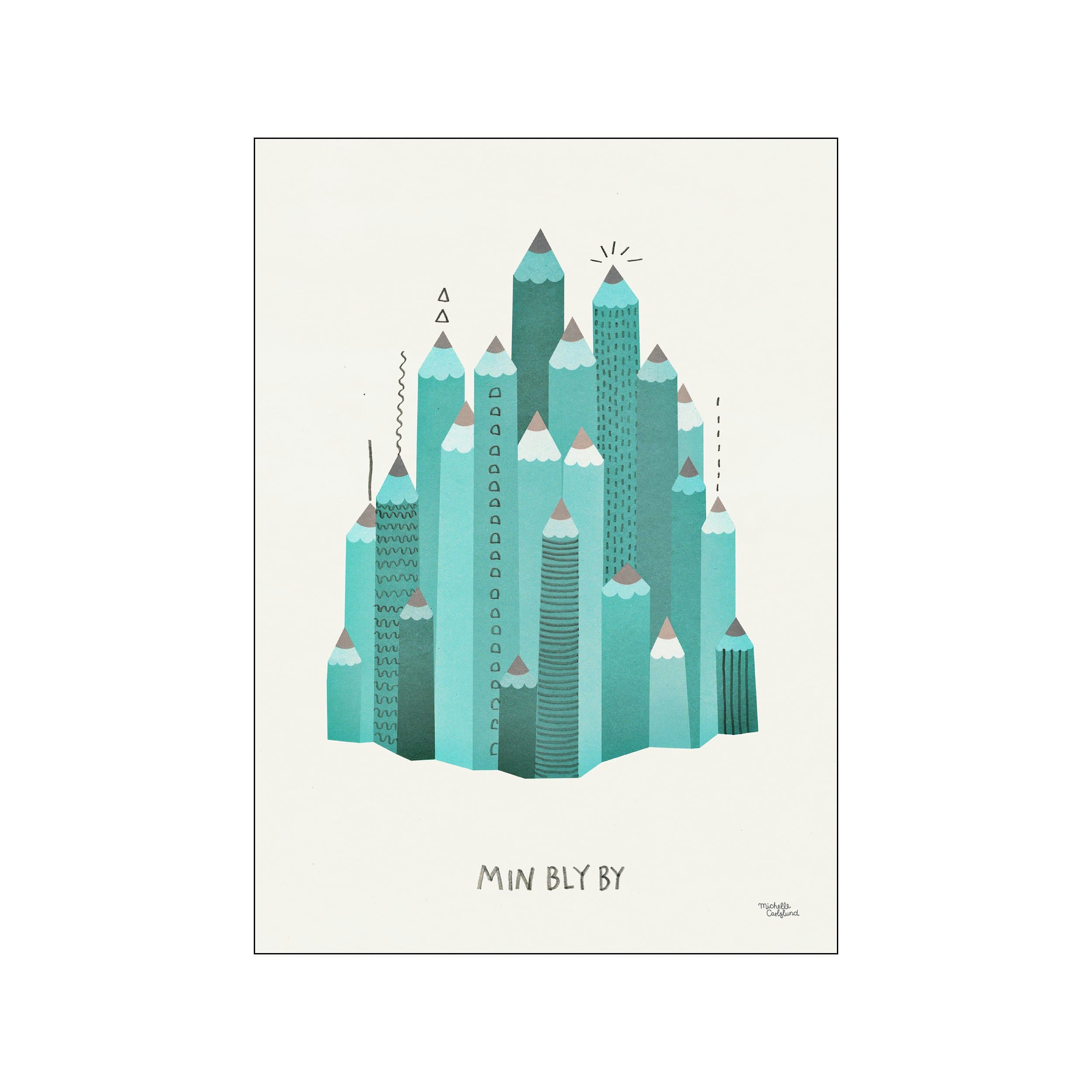 A whimsical landscape composed of various shades of teal pencils, with pointed tips arranged like a fantastical cityscape against a soft, off-white background. Playful lines and simple shapes add to the artistic charm.