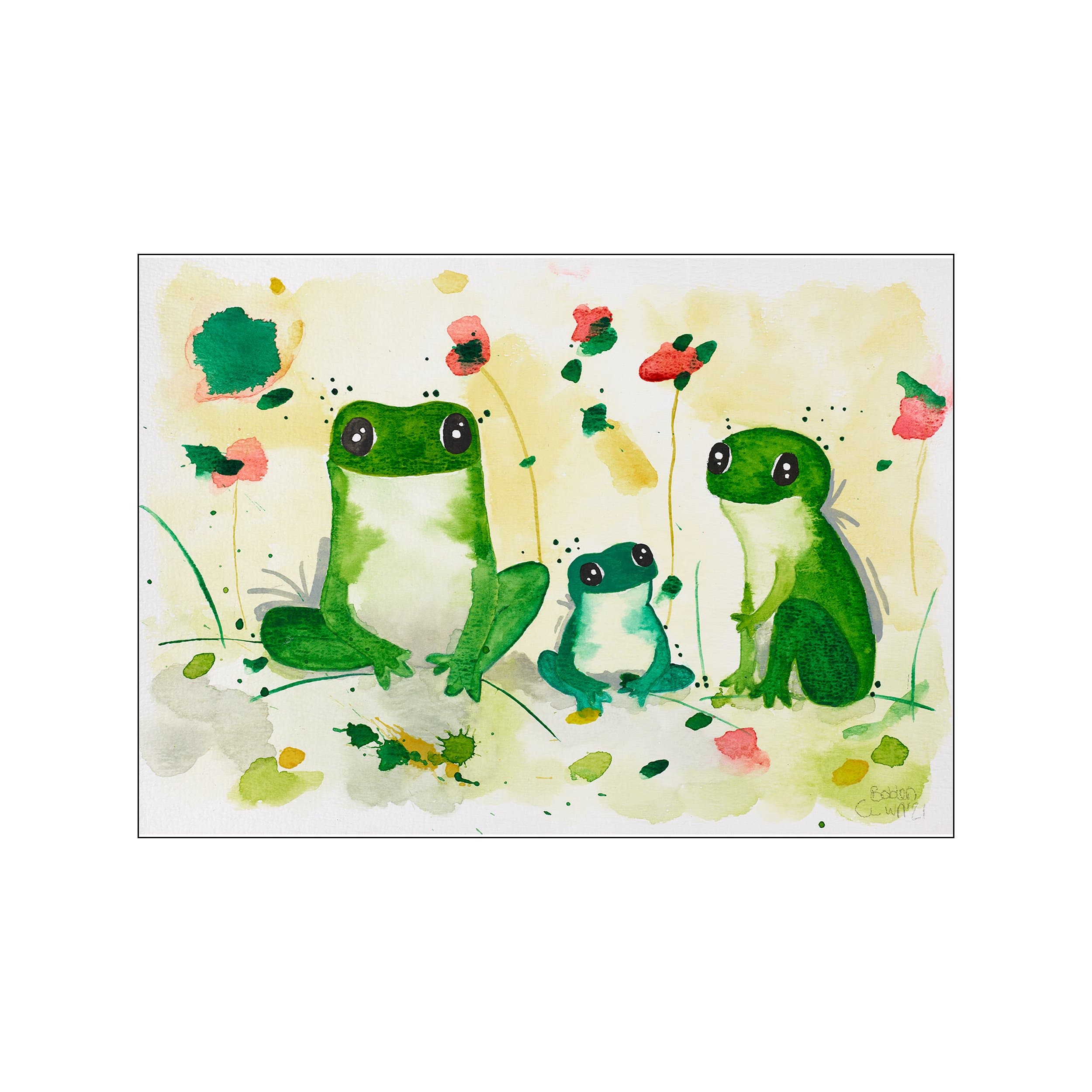 A watercolor painting of three cheerful green frogs with big eyes sitting amongst abstract pink flowers and green splatters on a creamy yellow background. The style is whimsical and illustrative.