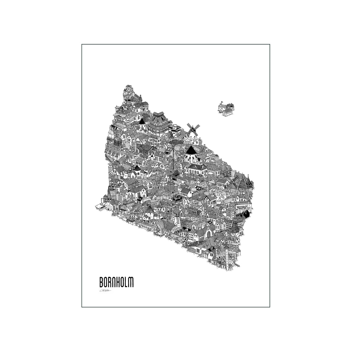Dense black and white Bornholm island map filled with tiny buildings and rooftops