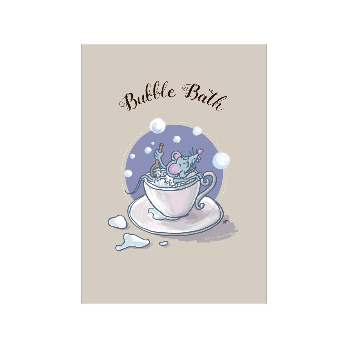 A charming illustration of a light blue mouse playfully splashing in a teacup filled with bubbles, stirring with a small brush. The background is a soft taupe with a lavender circle behind the teacup.