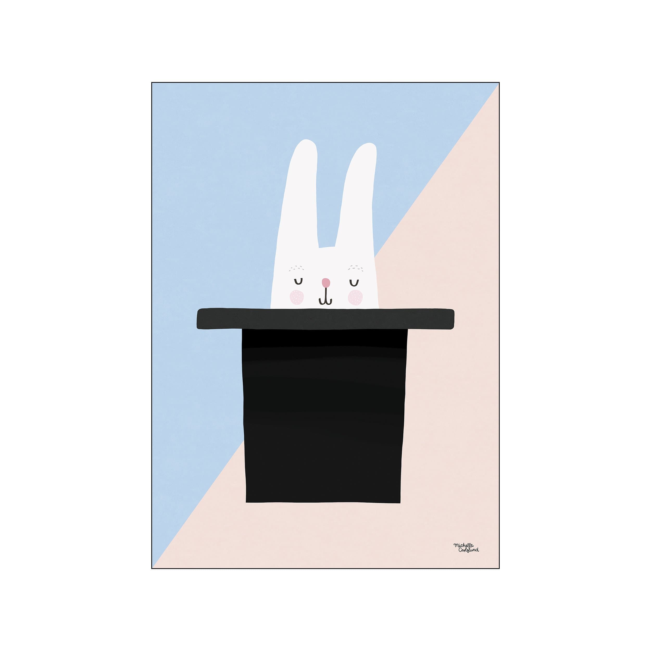 A white bunny with closed eyes and rosy cheeks peeks over a black top hat, set against a pastel blue and pink geometric background. Art by Michelle Carlslund.