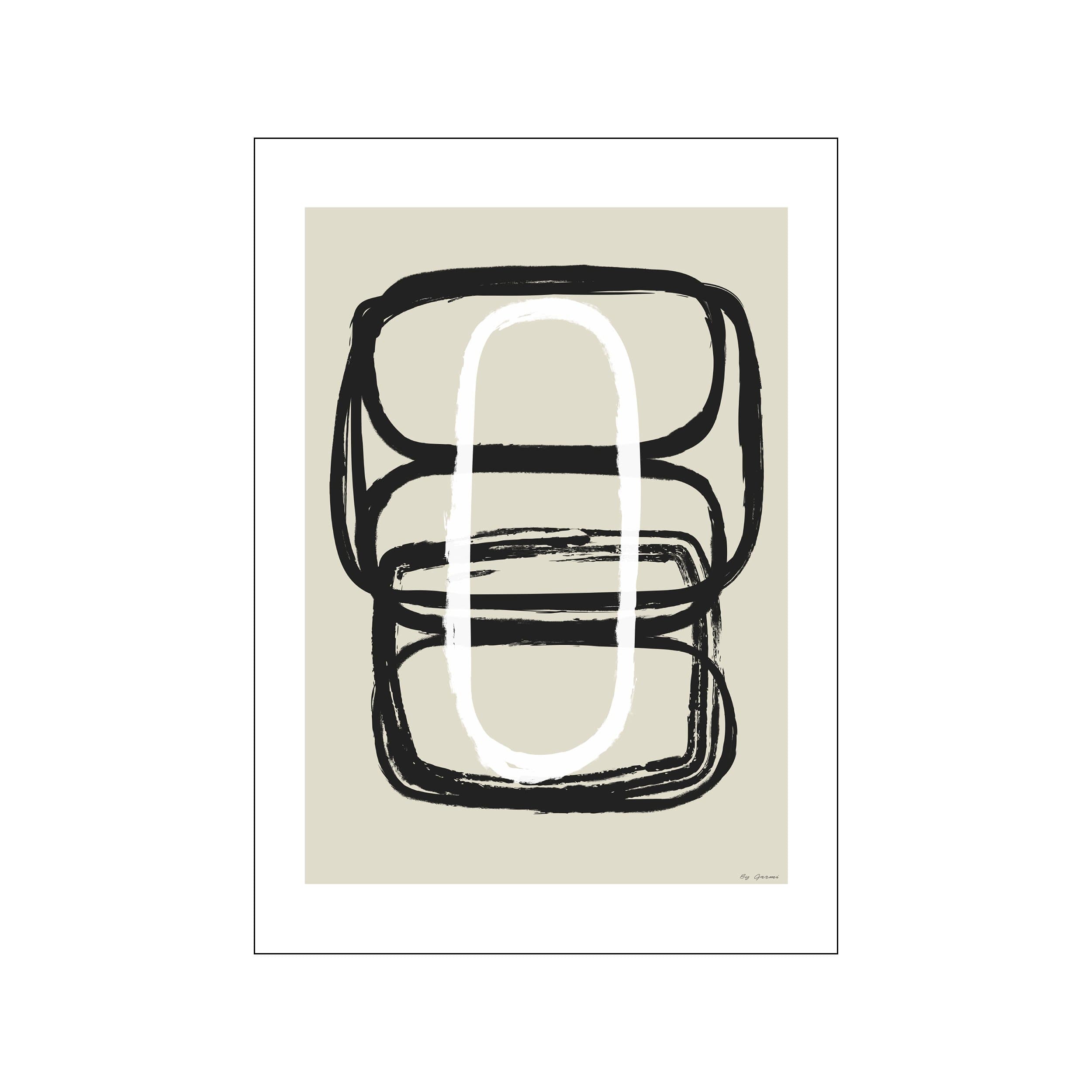 Abstract composition with bold, looping black and white brushstrokes layered vertically against a soft, muted beige background, embodying a minimalist and organic aesthetic.