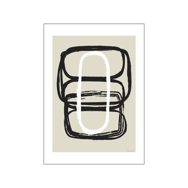 Abstract composition with bold, looping black and white brushstrokes layered vertically against a soft, muted beige background, embodying a minimalist and organic aesthetic.