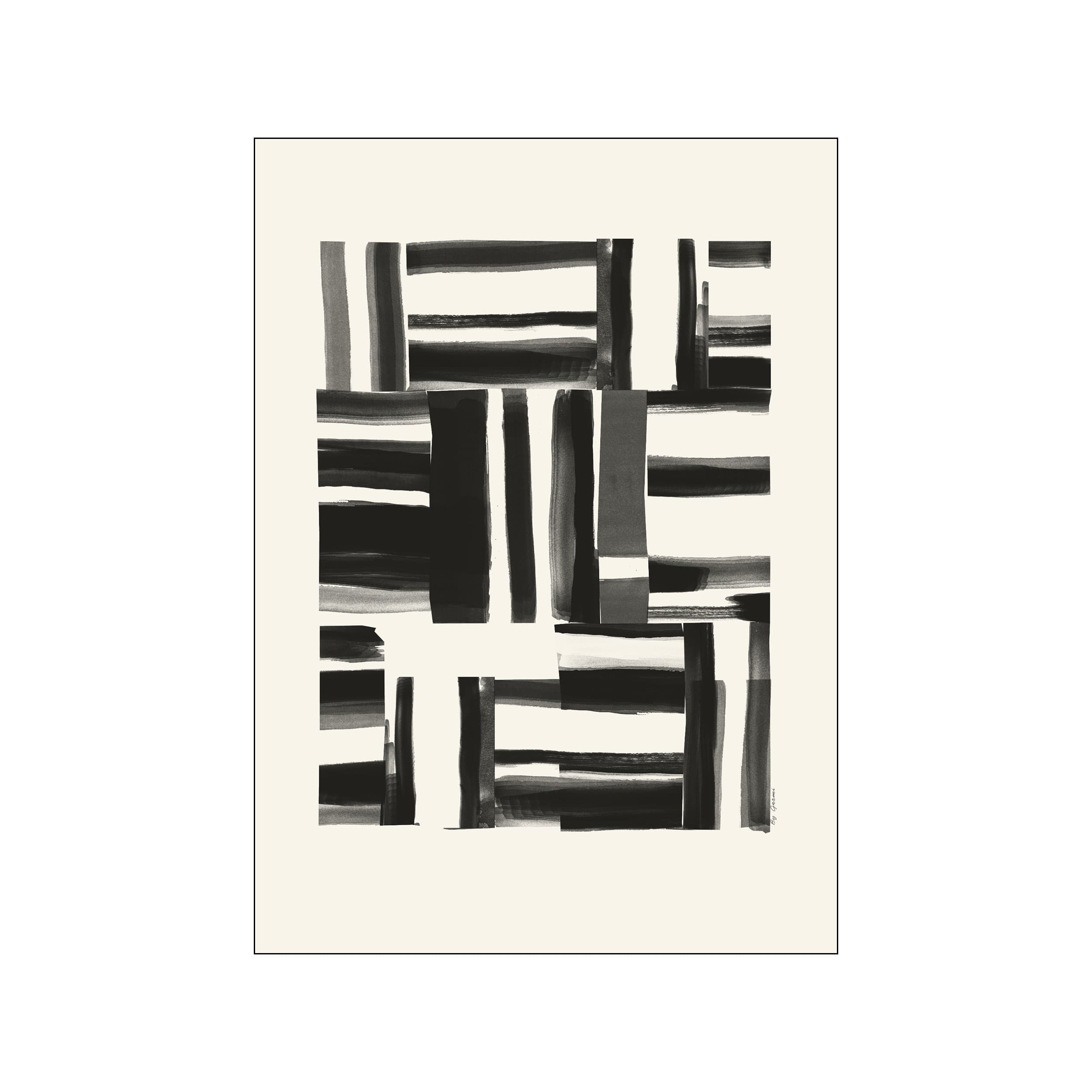 Abstract composition with intersecting black and grey brushstrokes arranged in a grid-like pattern on a cream background, evoking a sense of balance and calm.
