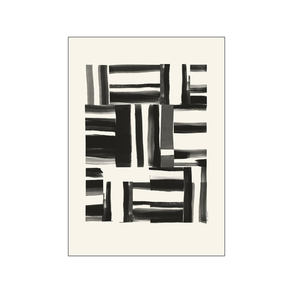 Abstract composition with intersecting black and grey brushstrokes arranged in a grid-like pattern on a cream background, evoking a sense of balance and calm.