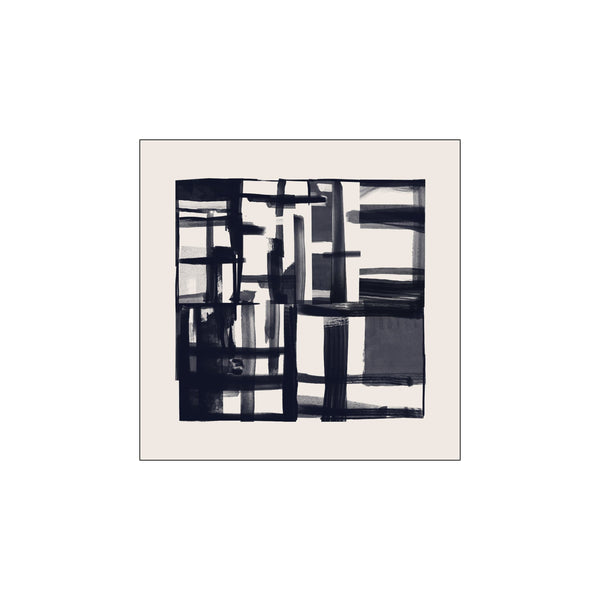 An abstract artwork with bold, intersecting strokes of deep indigo and charcoal gray against a muted off-white background, creating a graphic yet textural composition with a sense of depth.