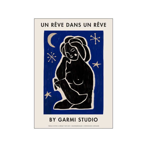 An abstract artwork titled 'Dream within a dream' by By Garmi, featuring a dark silhouette of a figure against a deep blue background, with a crescent moon and scattered stars in a soft cream hue.