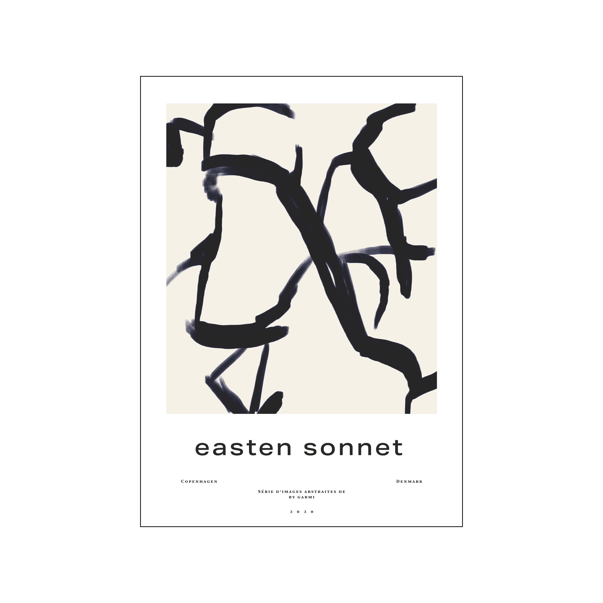 Abstract artwork titled Easten Sonnet, featuring bold, calligraphic-style brushstrokes in deep indigo and black against a creamy off-white background, conveying a sense of movement and minimalist beauty.