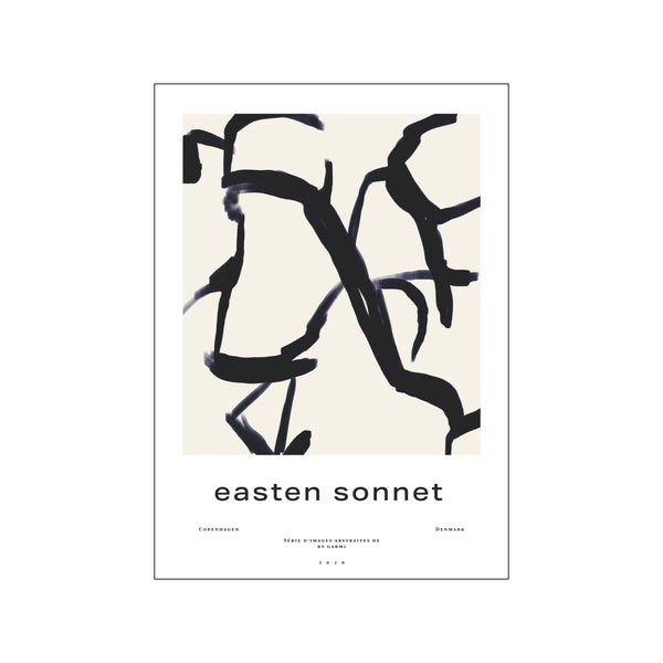 Abstract artwork titled Easten Sonnet, featuring bold, calligraphic-style brushstrokes in deep indigo and black against a creamy off-white background, conveying a sense of movement and minimalist beauty.