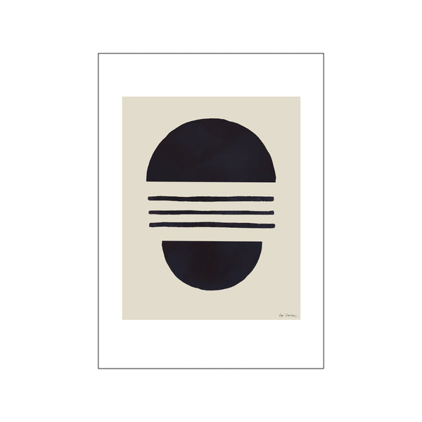 Abstract composition with a large dark semicircle above three horizontal lines and another dark semicircle below, set against a neutral beige background. Signed by the artist.