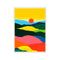 Abstract landscape with rolling hills in vibrant colors like yellow, pink, orange, and green, under a bright yellow sky with a red sun at its center.