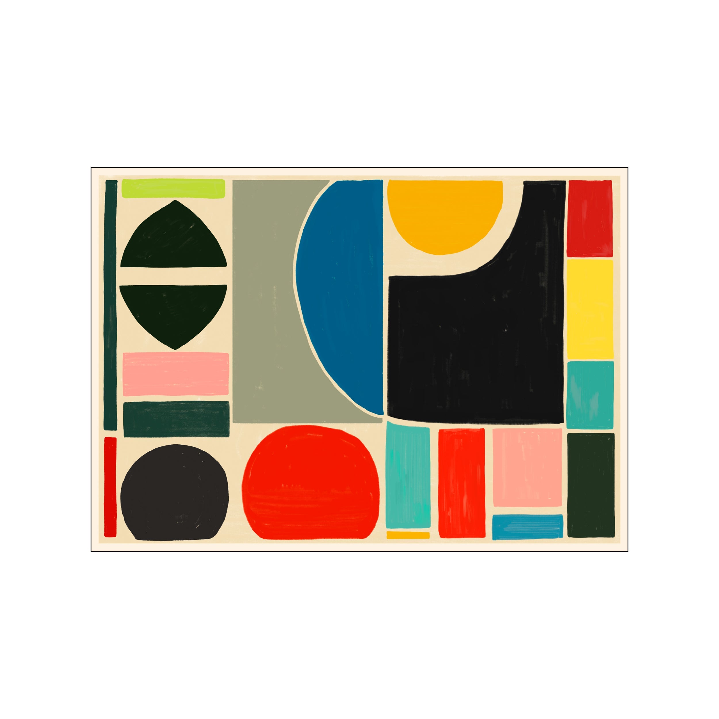 An abstract composition of geometric shapes in beige, dark green, black, bright red, yellow, blue, and pink. The forms are rounded and rectangular, creating a dynamic yet balanced arrangement.