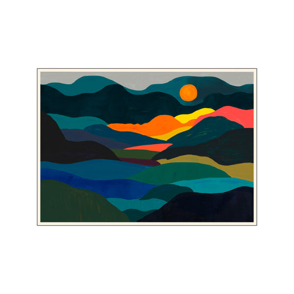 Abstract landscape featuring undulating hills in deep blues, greens, and black, with a vibrant orange sun setting against a coral and yellow sky.