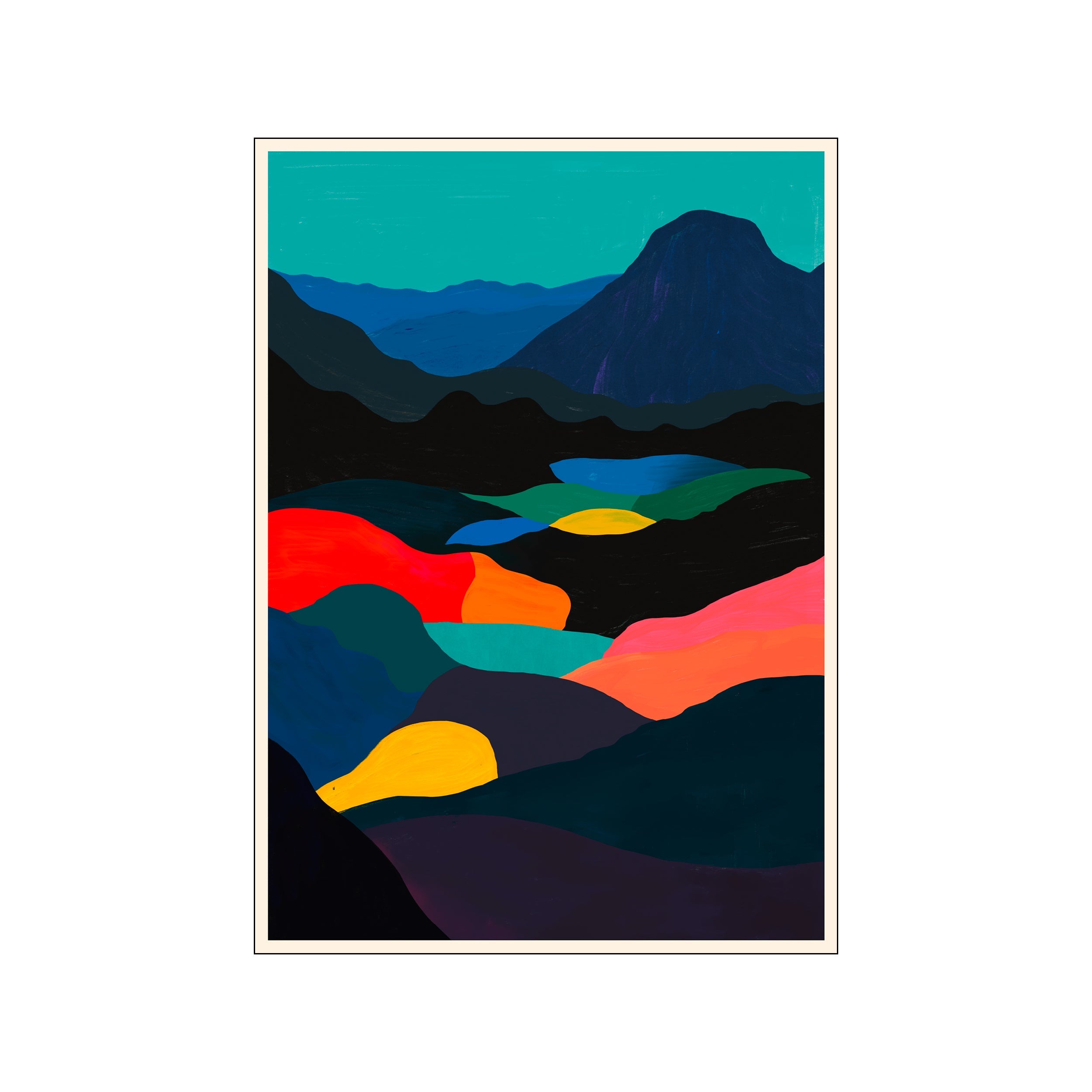 An abstract landscape with layered, rolling hills in deep blues and blacks, accented by vibrant organic shapes of red, orange, yellow, and teal, evoking a dreamlike natural scene.