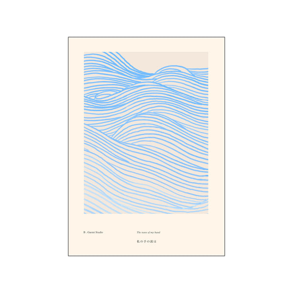 Abstract artwork featuring undulating waves of pale blue lines over a creamy beige background, suggesting gentle movement and a coastal-inspired, calming aesthetic.
