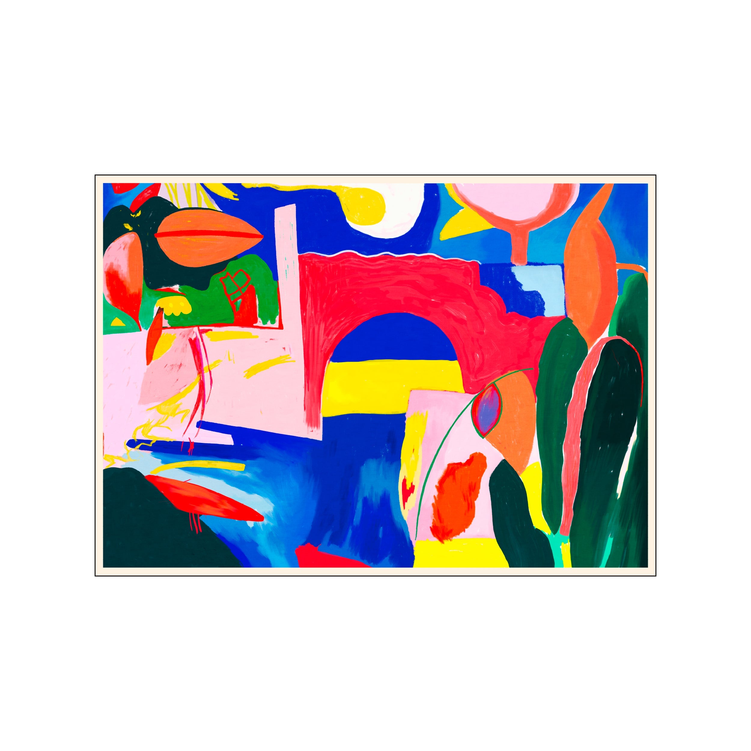 An abstract composition with bold strokes and shapes in blues, reds, pinks, and greens, evoking a stylized garden scene with organic forms.