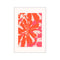 An abstract floral composition features large, organic shapes in vibrant coral, pink, and soft beige against a creamy background, suggesting a dynamic and energetic bloom.