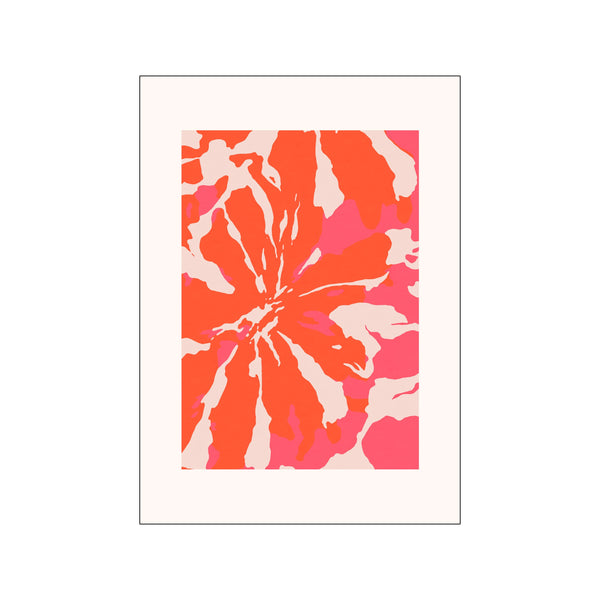 An abstract floral composition features large, organic shapes in vibrant coral, pink, and soft beige against a creamy background, suggesting a dynamic and energetic bloom.