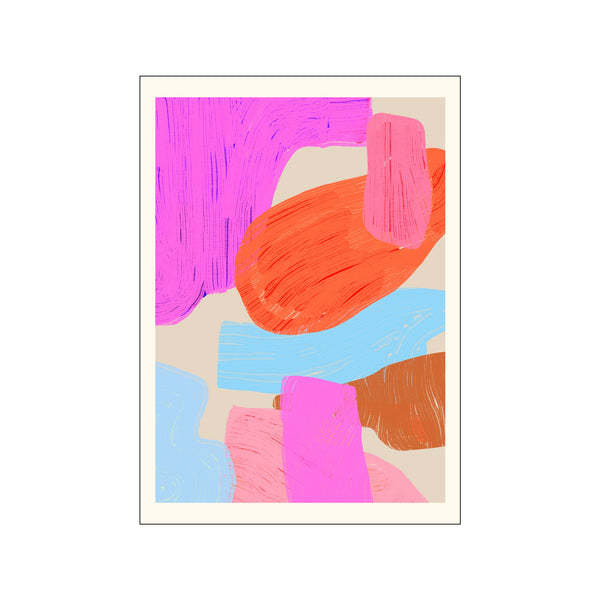 Abstract artwork with expressive brushstrokes in fuchsia, coral orange, light blue, and brown shapes against a neutral background, evoking a modern and joyful aesthetic.