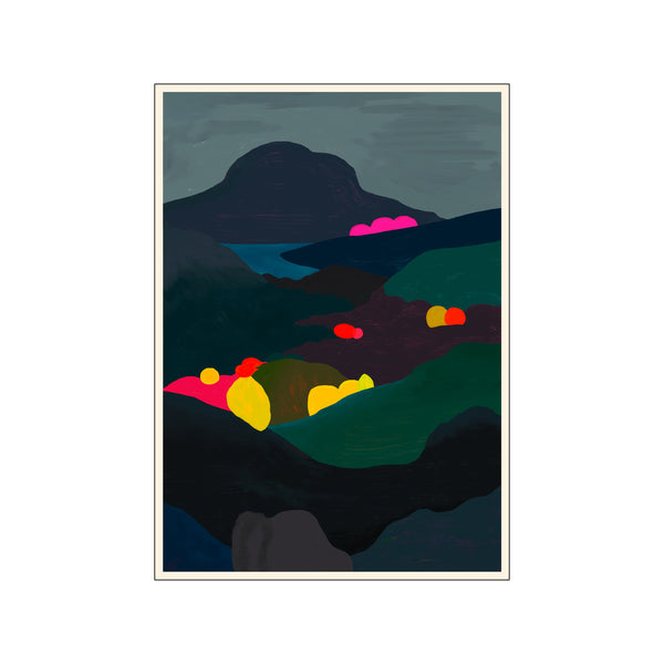 An abstract landscape featuring dark, rolling hills and a serene blue river, illuminated by bursts of magenta and yellow shapes, evoking a dreamlike twilight scene.