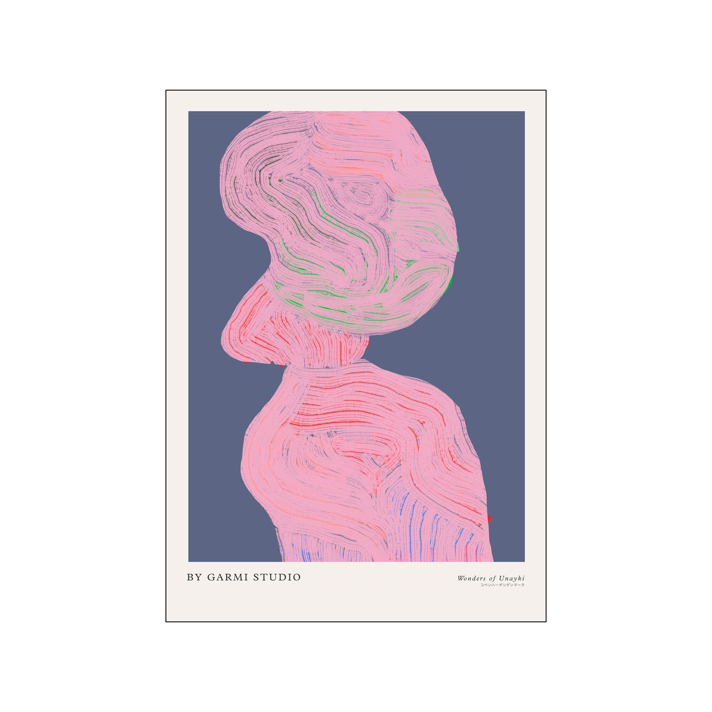 Abstract artwork with flowing lines in soft pink, blush, and hints of green and red, set against a muted blue-grey background, evoking a sense of calm and organic movement.
