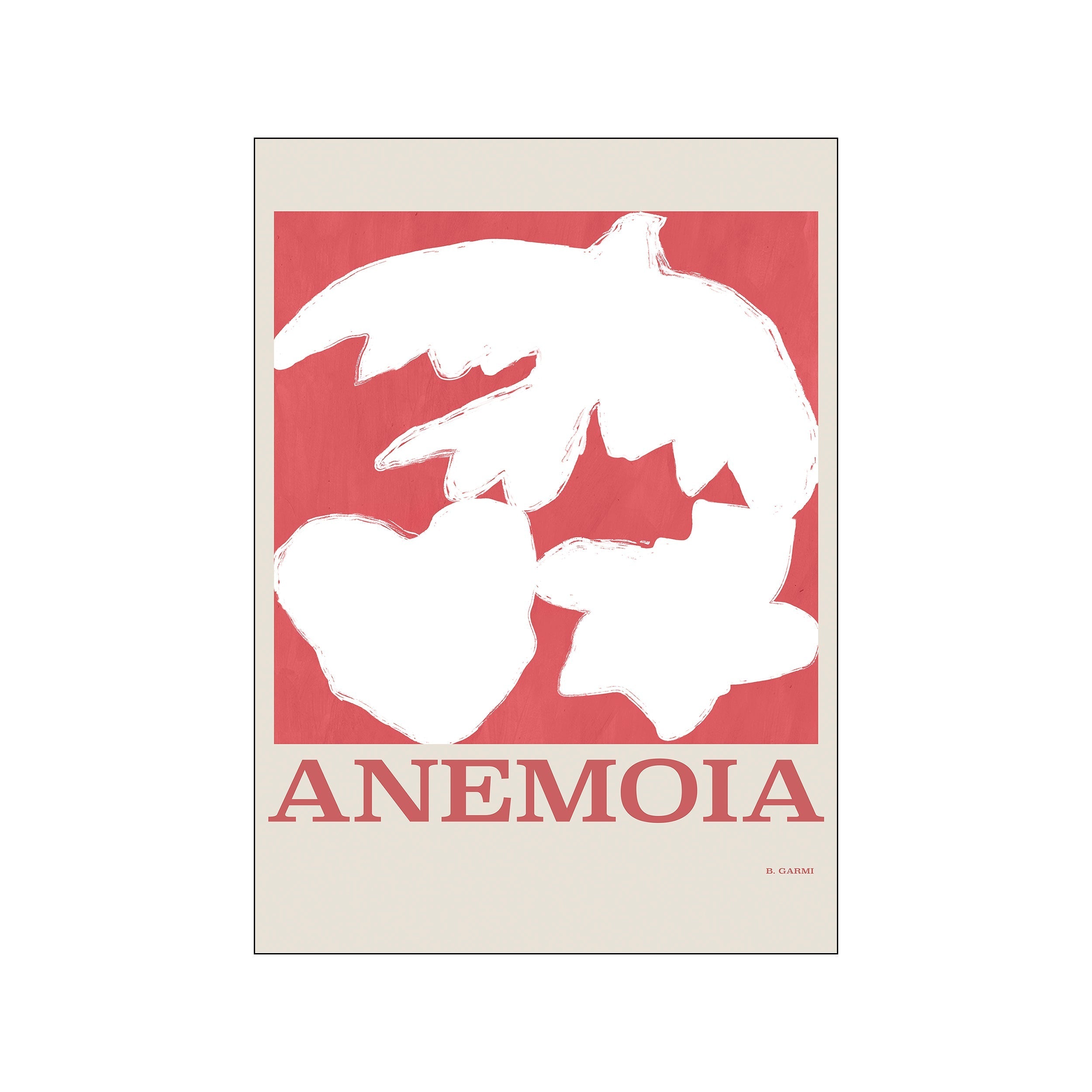 Abstract artwork featuring bold white brushstroke shapes against a coral background, with the word 'ANEMOIA' in stylized lettering below, evoking a serene and nostalgic mood.