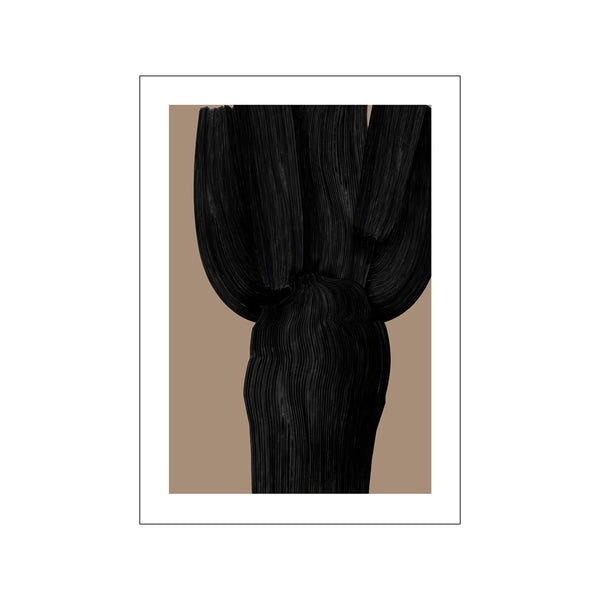 An abstract artwork featuring thick, textured black brushstrokes that form an organic, figure-like shape against a smooth, neutral taupe background, creating a dramatic and sophisticated visual.