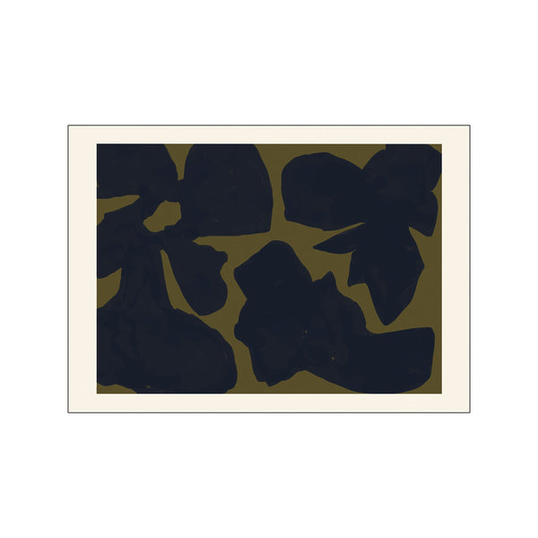 Abstract composition featuring large, organic shapes in dark navy blue against a muted olive green background, rendered with a painterly texture. Evokes a feeling of depth and calm.