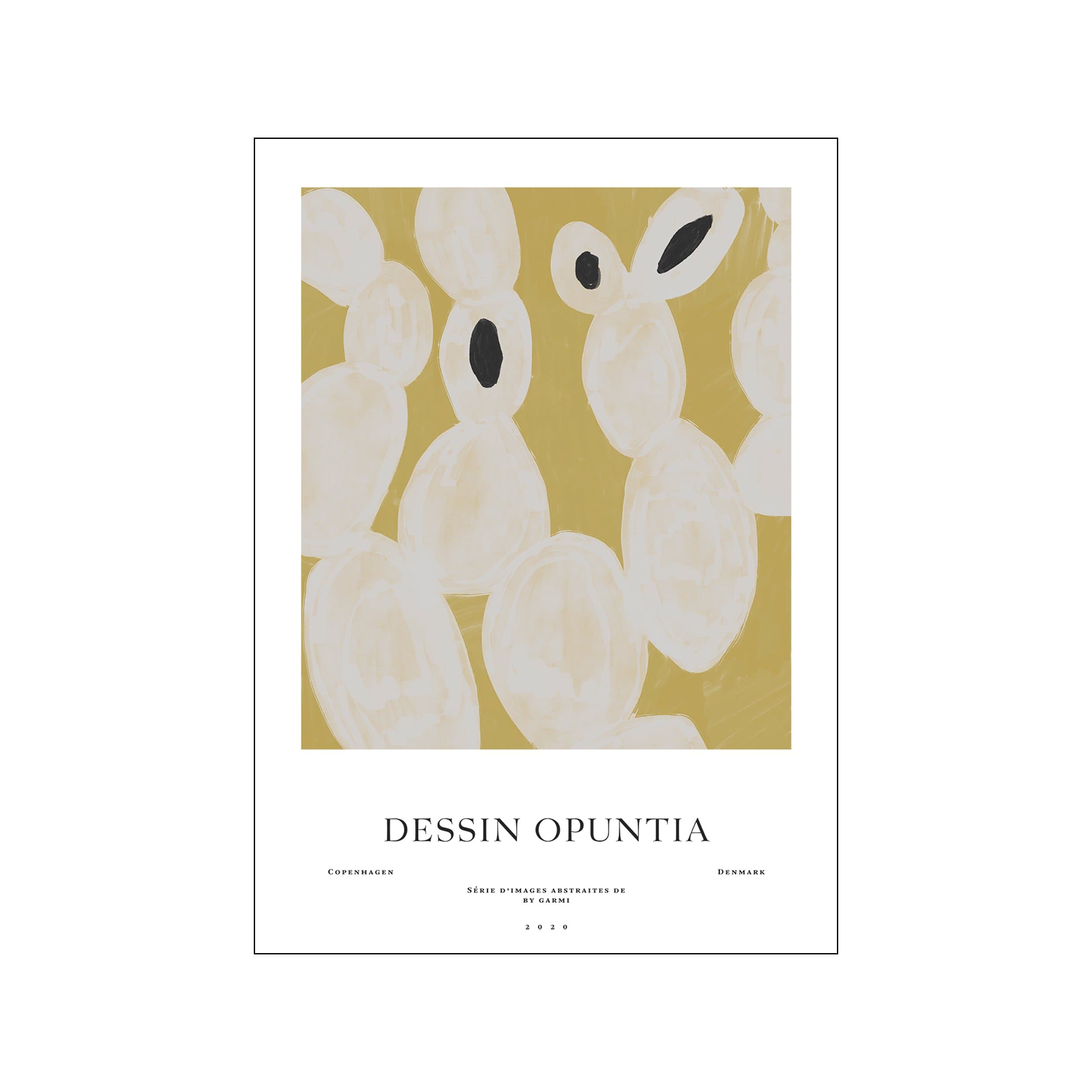 Abstract artwork with soft, rounded shapes in ivory and black set against a warm ochre background, evoking desert plants and a sense of calm artistic expression.